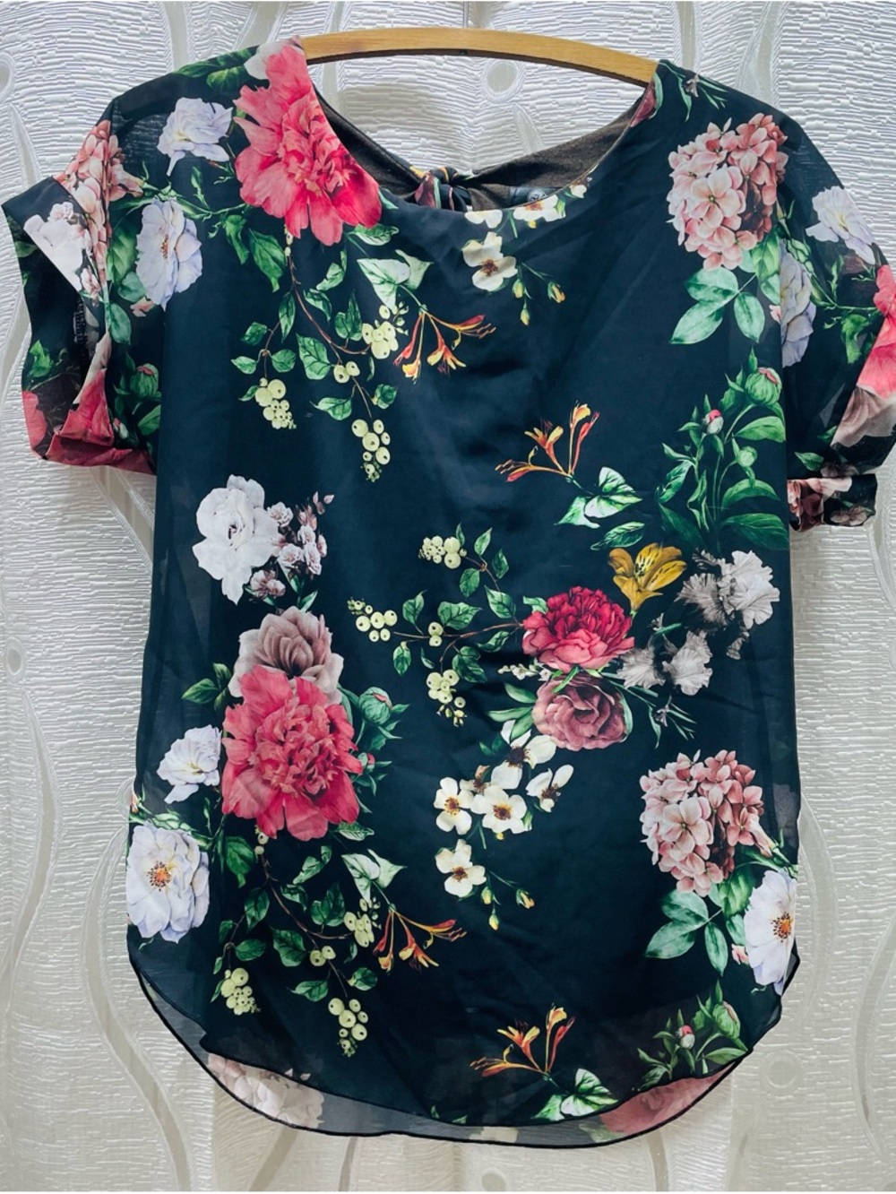 Made in‎ Italy Floral Blouse Women Small Navy Blue Excellent Tie Back Chiffon